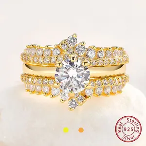 Yellow Rose Gold 925 Sterling Silver Solitaire Engagement Ring for Women Enhancer Wedding Band Set AAAAA Zircon Jewelry  BR0910_Y/R#Love Story