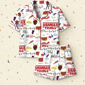 Stranger Things Sleepwear Set Two-Piece Lapel Button Top and Shorts, Women's Casual Home Wear, Comfortable Party