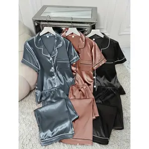 Women's Satin Pajama Set 3 Sets Solid Casual Short Sleeve Buttons Lapel Top & Pants Comfortable Relaxed Fit Nightwear Loungewear(Sheet)