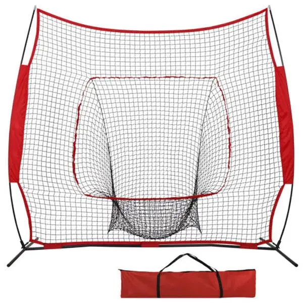 7' x 7' Baseball Practice Net & Softball Training Aid - Portable Polyester Bow Frame for Hitting & Pitching with Carry Bag & Ground Stakes for Batting, Batting Practice Equipment