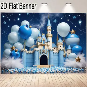 2D flat banner, 1pcFairy Tale Castle Wall Art - Whimsical Blue and White Castle Print with Starry Night Sky Decor - Magical Landscape Poster for Home, Living Room, Nursery, and Kids Room Decor - Enchanting Atmosphere for Any Space