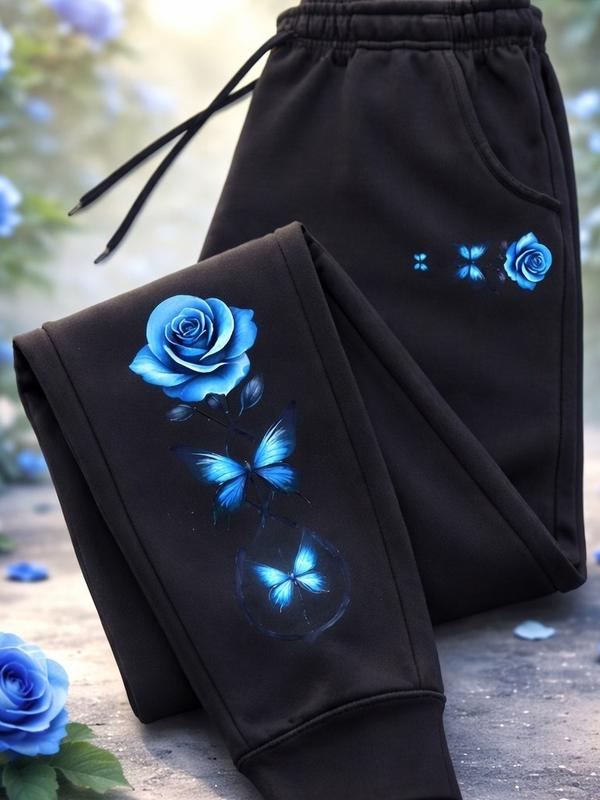 Casual High Quality Outdoors Women's Pants Sweatpants with Blue Rose & Butterfly Print Elastic Band Trousers Jogging Drawstring Sports