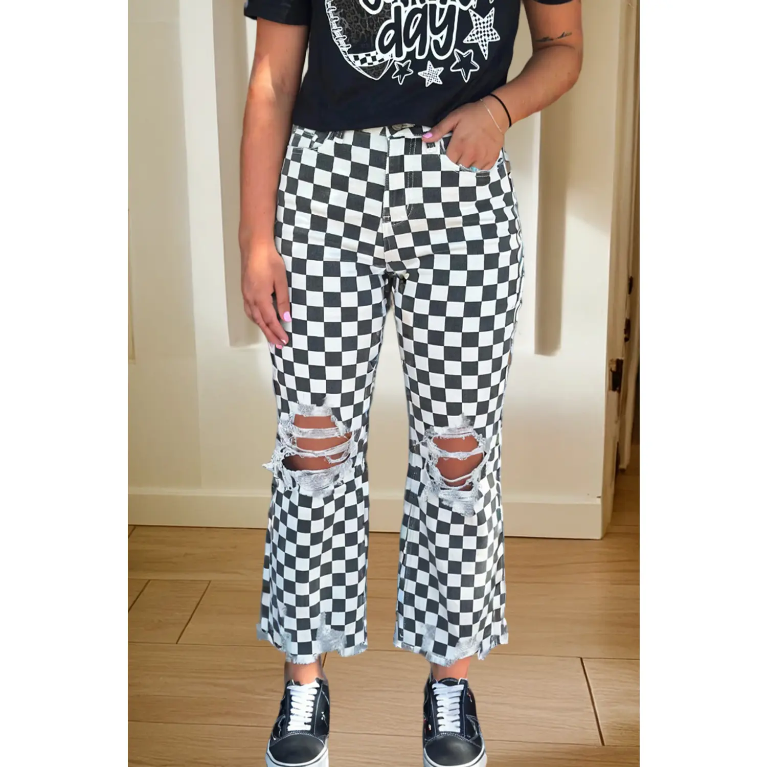 Checkerboard Print Distressed Holes Raw Edge Cropped Jeans