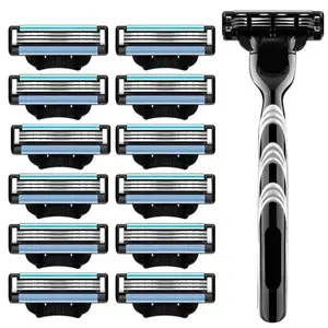 Men's 3-layer Razor Blade, 1 Set Manual Razor Holder & 12 Blades, Universal Manual Razor, Shaving Razors, Shaving Knife for Men, Men's Care Product, Gift