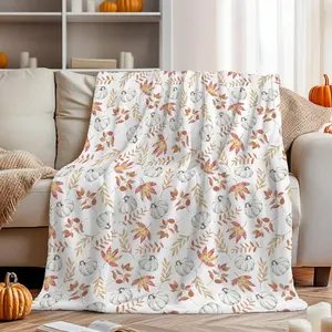Fall Flannel Blanket Throw, White Pumpkin Orange Leaves Soft Fuzzy Plush Cozy Fleece Blankets for Couch Sofa Bed Lounging, Ideal Gifts for Kids Adults Wife Self, 50x60, 1 count, Print on One Side with a Plain White Back