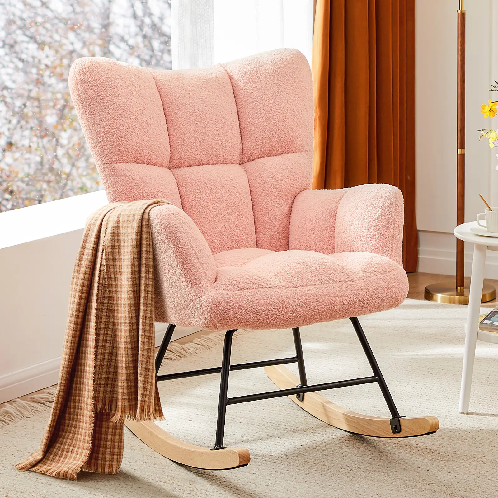 【Super Sale】Rocking Chair, Teddy Upholstered Glider Rocker with High Backrest, Reading Chair, Glider Chair for Nursery, Living Room, Bedroom
