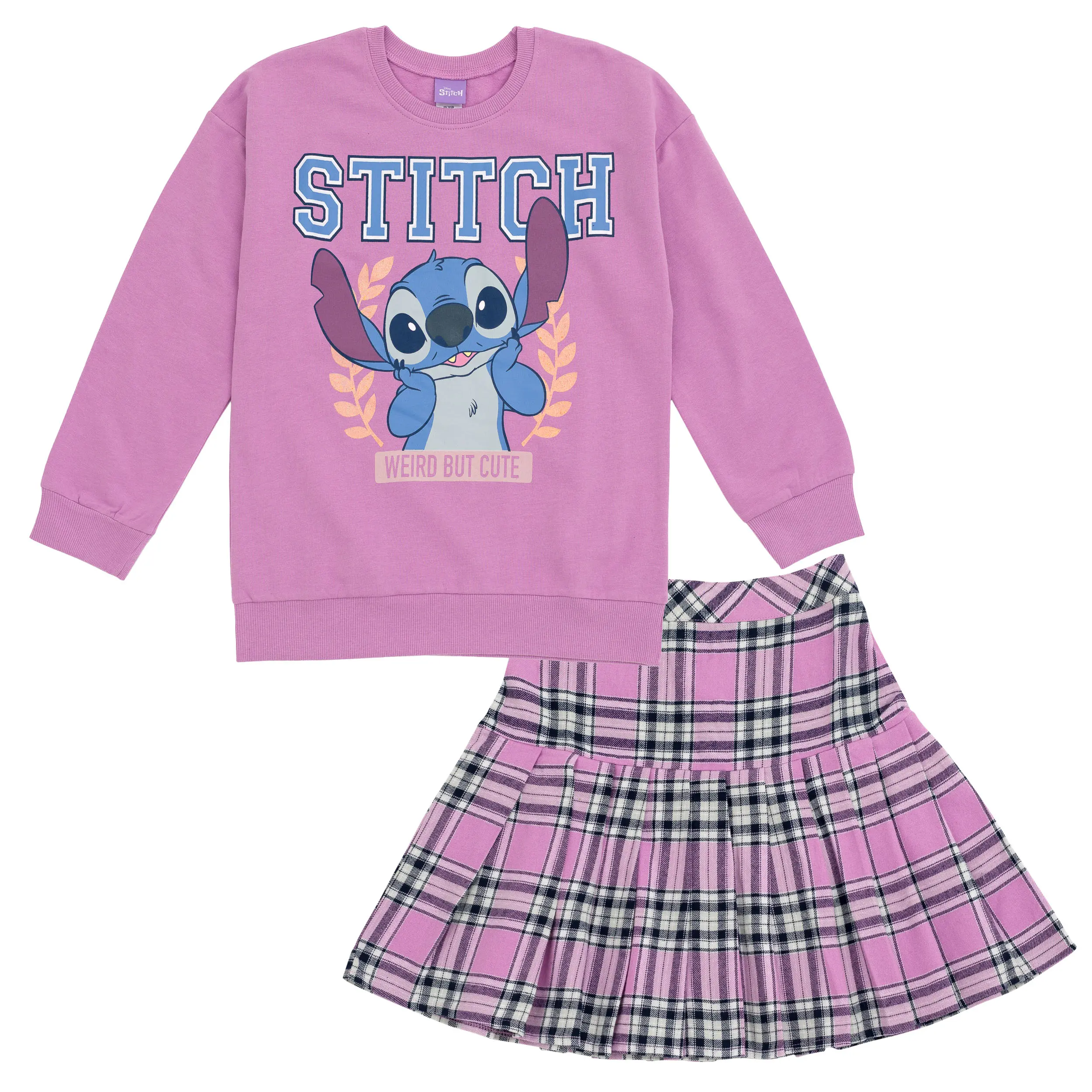 Disney Lilo & Stitch Girls' 2-Piece Matching Set - Glitter Graphic Pullover with Drop Shoulder, Elastic Waist Plaid Skirt, Pull-On Wear for Purple Little Kid to Big Kid Clothes, Casual, Fleece Blend, Brushed Flannel, Holiday Gifting, Knit, Little Girls, K