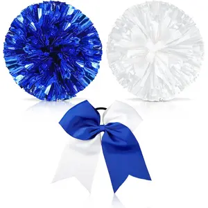 Set of 3 12 Inch Cheerleading Pom Poms and Large Cheerleader Ponytail Bow Holder for Girl Large Metallic Cheerleader Pom Poms for Sports Team Cheering (Blue and White)