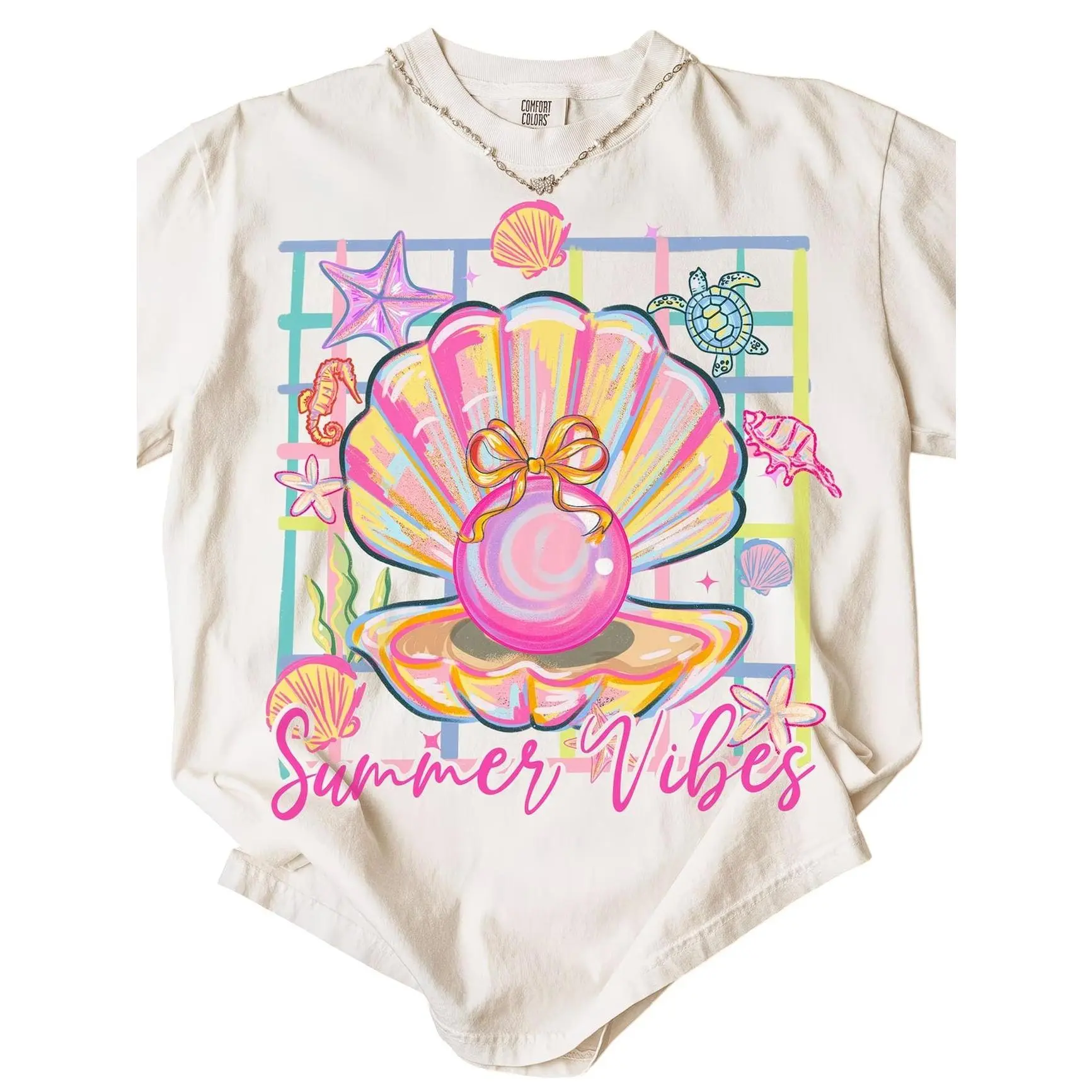 100%Cotton Sports Top - Colorful Seashell, Pearl, Starfish, Seahorse Adornment, Pink "Summer Atmosphere" Print, Comfortable Everyday Essential Outfits for Sports & Outdoor Fits, Graphic
