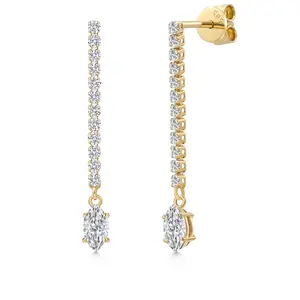 Gem Stone King 14K Yellow Gold Gemstone Birthstone and White Lab Grown Diamond Long Liner Dangle Earrings for Women | Marquise 6X3MM | Yellow Gold Chain Drop Earrings