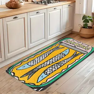 1Pc Oil-Paint Sardine-Can Faux-Cashmere Kitchen Rug Kitchen Floor Mat, Washable Kitchen Rugs, Art Oil-Resist Stain-Proof Non-Slip Absorbent, Cook-Island Full-Scene Machine-Wash, Ocean Décor Multi-Size