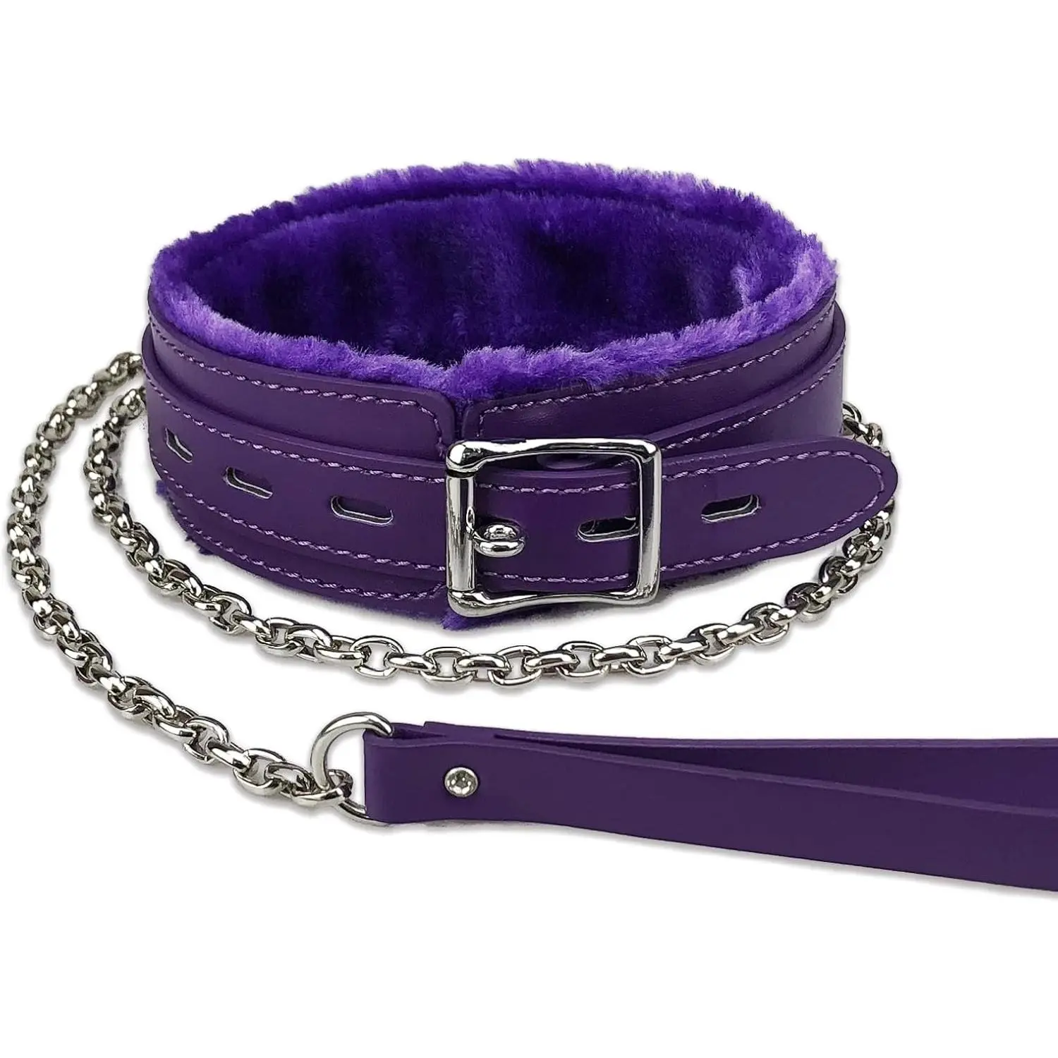 Gothic Leather Choker Collar, PU Leather Fur Lined Collars Necklace with Long and Durable Detachable Leash Chain Pet Collars, Purple