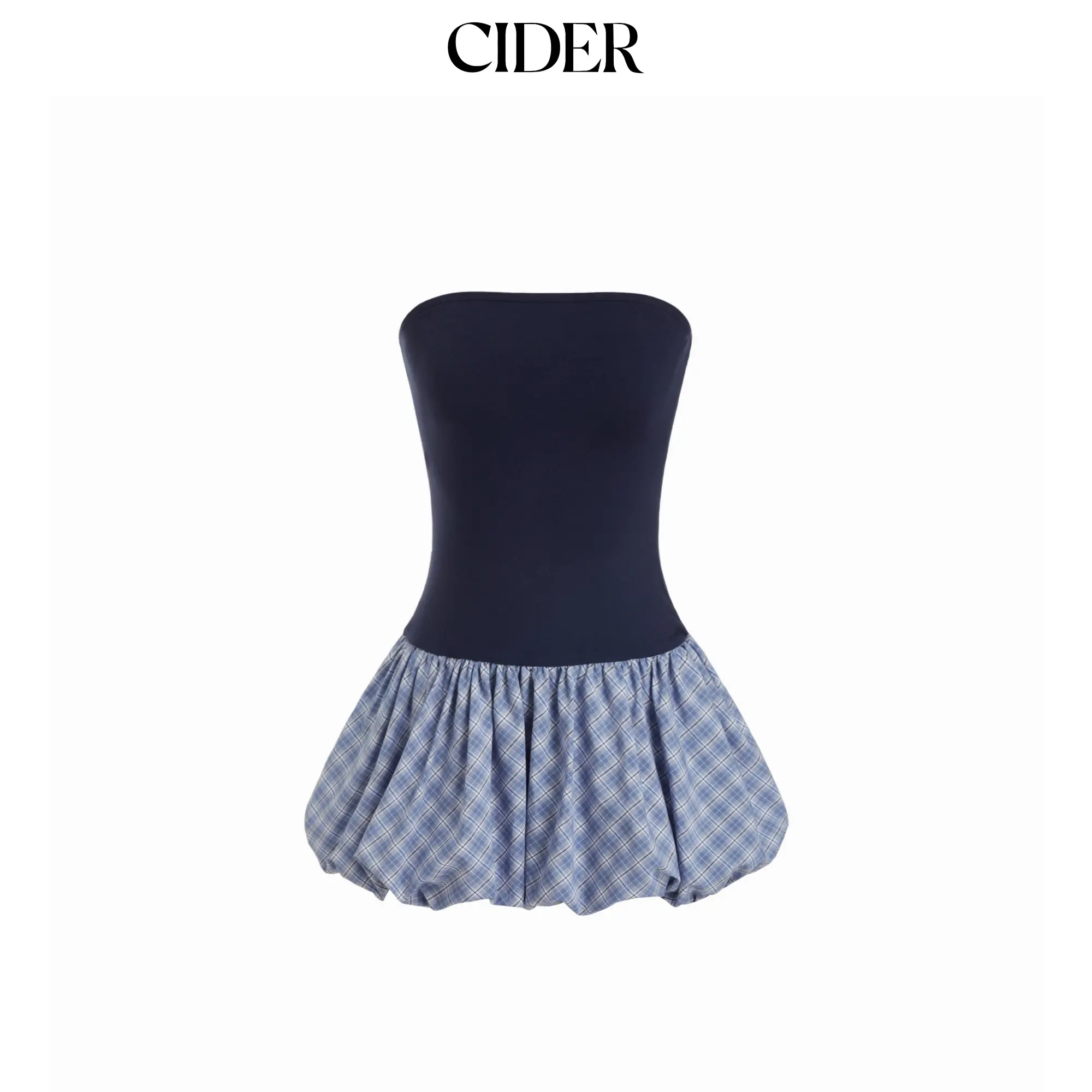 Cider Women's Casual Knitted Fabric Mini Dress - Strapless, Sleeveless, Plaid Pattern, Balloon Skirt, Elastane Blend, Above the Knee, Casual Wear