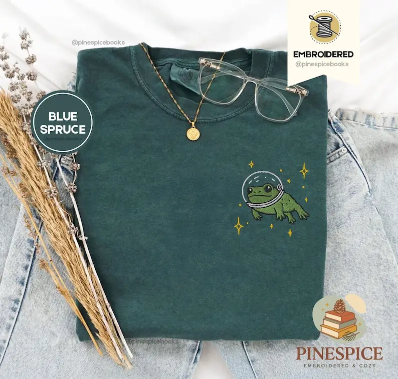 Vintage Astronaut Frog Embroidered Crewneck Sweatshirt, Embroidered Cartoon Design, Cute Gamer Gift Idea