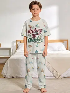 The Grinch Fun 2-Piece Boys' Digital Printed Short-Sleeve Pajamas with Extended Sleep Pants, Flame-Retardant Fabric, Stylish, Trendy, Casual, Comfortable and Soft Pajama Set