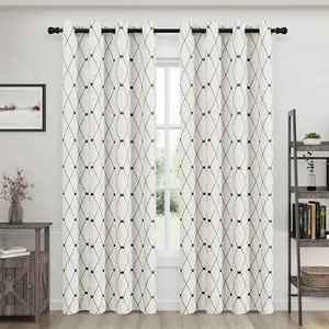 Joywell Cream Linen Textured Curtains 84 inches Long for Living Room Embroidered Farmhouse Window Curtain Grommet Drapes 2 Panels Heavy Cotton Curtains Black Checkered Pattern on Beige