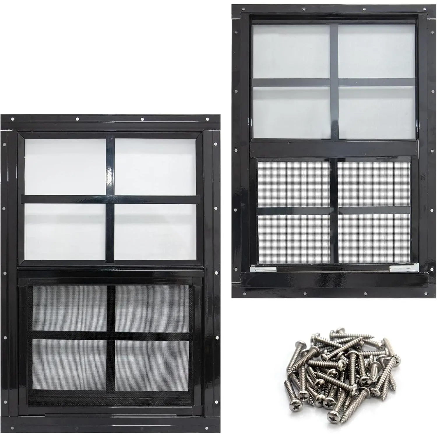 2 Pack Shed Window with Black Frame, 12 x 18 Flush Mount Small Window with Tempered Glass and Fiberglass Screen for Shed, Chicken Coop, Playhouse, Household, Garage