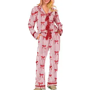 Mommy Matching Pajamas Bow/Heart Print Tie Front Long Sleeve Tops and Long Pants Set Family Matching Sleepwear