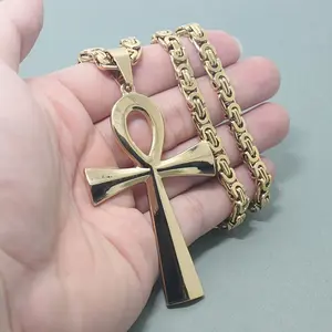 Elegant Gold Anker Key Pendant Necklace -304L Stainless Steel, 22 "Chain, 6mm Width, Fashionable Modern Design