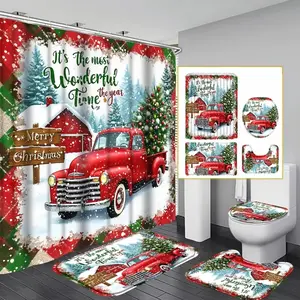 1/4pc Christmas Truck Pattern Shower Curtain Set, festive design, includes non-slip mat, U-shaped rug, and toilet seat cover. Perfect for bathroom décor, beautifies the space. Comes with 12 shower curtain hooks. Bathroom Decoration Accessories