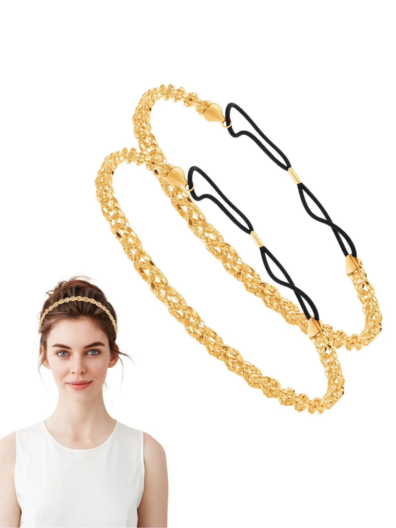 2-piece elastic gold headband, shiny metal headband, Fashion Headbands, suitable for women's fashionable wedding headwear, jewelry accessories, suitable for wearing at festivals, parties, parties and dances