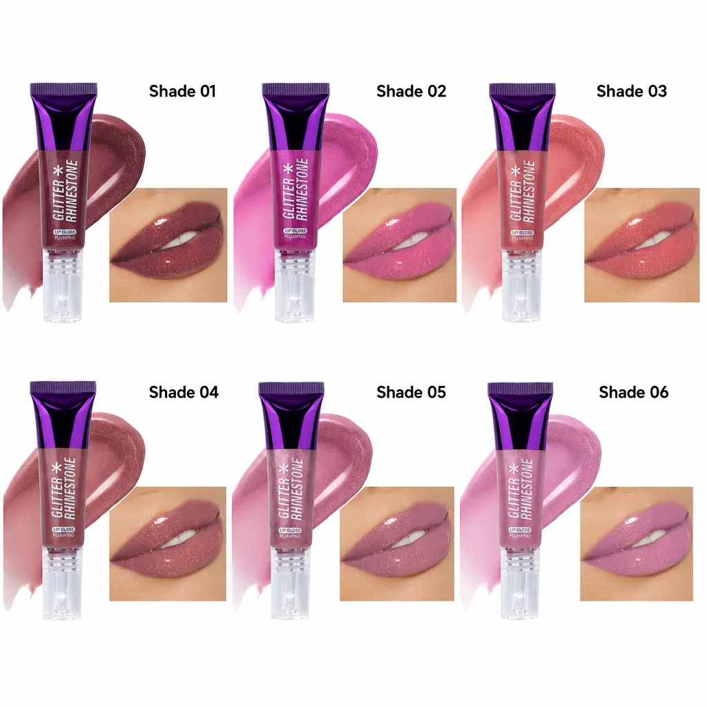 6-Piece Glitter Lip Gloss Cosmetic Set, High-Shine Crystal Sparkle Finish Lip Color for Parties, Date Nights, Everyday Makeup