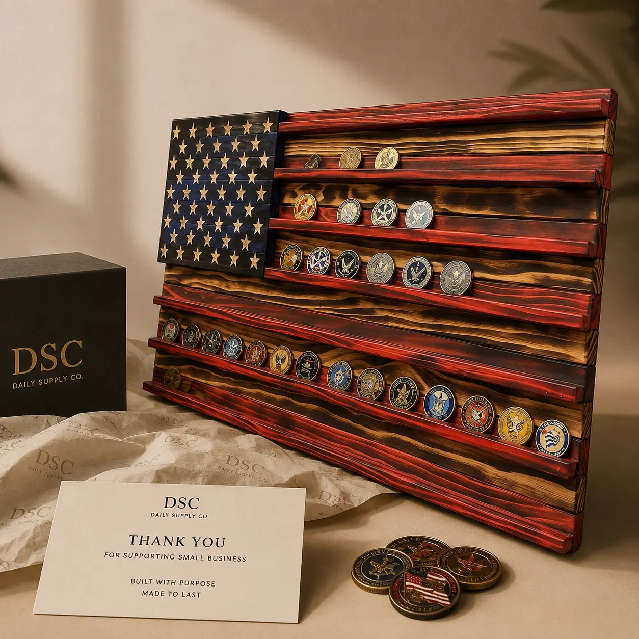 Wooden American Flag Challenge Coin Display Rack - Floating Shelf