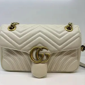 Pre-owned GUCCI Marmont Series Double G Cream Full Leather Crossbody Bag with Gold Buckle & Quilted Design Authentic Iconic Bag for Luxury Fashion