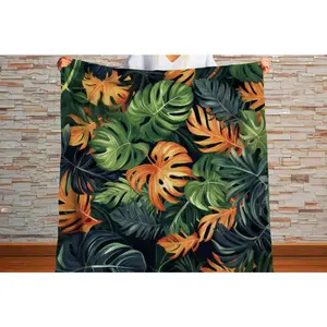 Sherpa Throw Blanket - Tropical Jungle Monstera Leaf Design - Soft Plush Throw Blanket