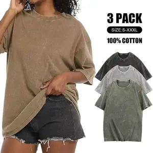 3PCS women's acid washed cotton T-shirt unisex loose half short sleeved oversized casual solid color street top retro classic suitable for fitnessRAIMENTRY