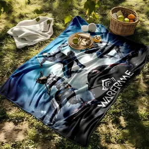 1 piece Warframe game character combat scene themed flannel blanket - All-season comfortable flannel blanket, modern design style, suitable for sofas and beds, digitally printed pattern, super soft and warm, 100% polyester material, machine