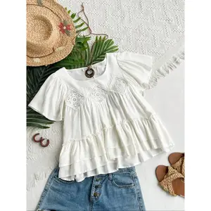 Plus Size Women’s Lace-Trim Woven Short-Sleeve Bohemian Vacation Top, Loose-Fit Summer/Spring Casual Blouse Shirt for Daily Wear GARMENTARY