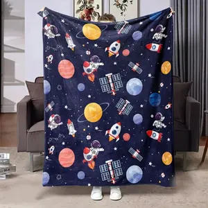 Cartoon Planet Adventure Blanket Reversible Flannel Throw for Space Lovers AllSeason Comfort Cosmic Fun Gift