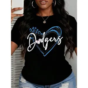 Graphic-Shirt Cotton Tees Size PlusWomen's Plus Size Baseball Dodgers Heart Print T-Shirt Soft Cotton Casual Round Neck Versatile Top Gift Idea For Sports Fans And Everyday Wear ,Y2K,Oversized Shirt Men,Summer Tops