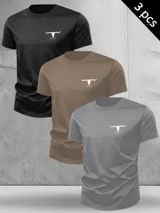Men's 3-Pack Bull Skull "Never Stop" Graphic Print T-Shirts, Western Minimalist Casual Tees, Short Sleeve Tops, Menswear #3PackTees #BullSkullPrint #WesternMinimalist #CasualMensTee #TikTokMadeMeBuyIt
