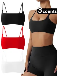 Women's Solid Color Wireless  Sports Bra,  Comfortable Breathable Spaghetti Strap  Buckleless Backless  Bra for Yoga Gym Workout Fitness, Ladies Sportswear for Indoor Outdoor Wear