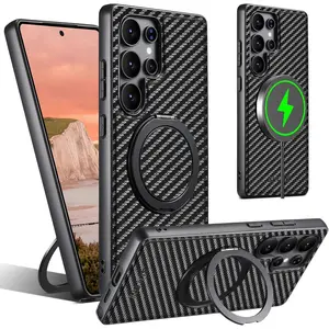 Magnetic Case for Samsung Galaxy S26 Ultra, Built-in 360 °   Rotatable Stand, Military Protection, Invisible Kickstand Rotatable & Compatible with MagSafe,Black Carbon Fiber Cover For Samsung Galaxy S26 S25 S24 S23 Ultra