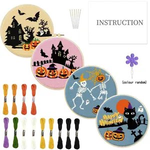 4counts embroidery DIY handmade set, featuring fabric decorative paintings of skeletons, evil pumpkin heads and eerie castle patterns, including 1 embroidery hoop, suitable for adult beginners and sewing enthusiasts, Unique decorations for Halloween