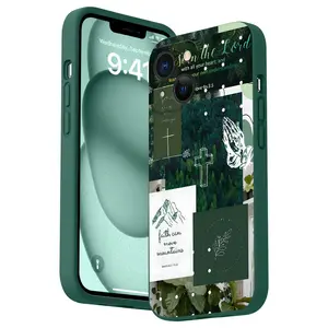 Dark Pine Green Christian Aesthetic Pattern Straight Edge Phone Case for iPhone 16 15 14 Pro Max 13 12 11 XR XS Plus Shockproof Drop Protective Rugged Durable Silicone Cover Cellphone Protective