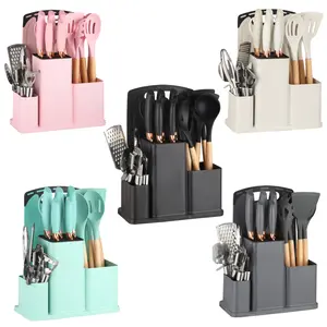 20pcs Kitchen Utensil and Knife Set with Holder - Premium Silicone Cooking Tools with Wooden Handles - Heat Resistant Non-Stick Kitchen Gadgets: Garlic Press, Pizza Cutter, Grater & Paring Knife