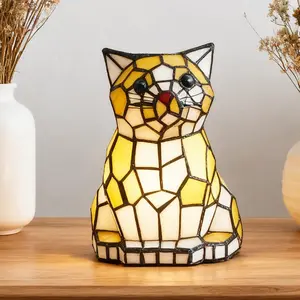 Orange Cat Shaped Table Lamp Creative Tiffany Style Stained Handcrafted Glass Accent Night Light 5D x 5W x 7.9H E12 Bulb Included Warm White Light Perfect Gift Idea for Home Decoration