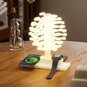 Spiral Tree Design Wireless Charging Ambient Table Lamp, Cell Phone Earphone Watch Wireless Charging Night Light, Touch Control Adjustable Multiple Lighting Modes Home Ambient Light