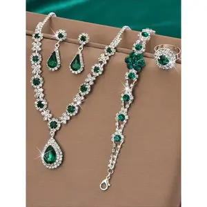 SHUJUAN Elegant Emerald Jewelry Set, Exquisite Trendy Necklace & Earrings & Bracelet & Ring, Fashionable Jewelry Set for Party Decoration, Matching Jewelry Set
