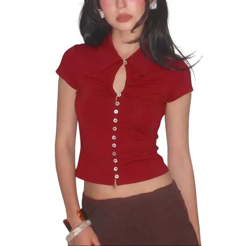 Women's Collared Short Sleeve Crop T Shirt Polo Collar, Keyhole Ruched Bust, Button Down Front, Slim Fit, Minimalist Elegant Retro Tops for Women 2026 Summer Outfit, Shortsleeve, Basic