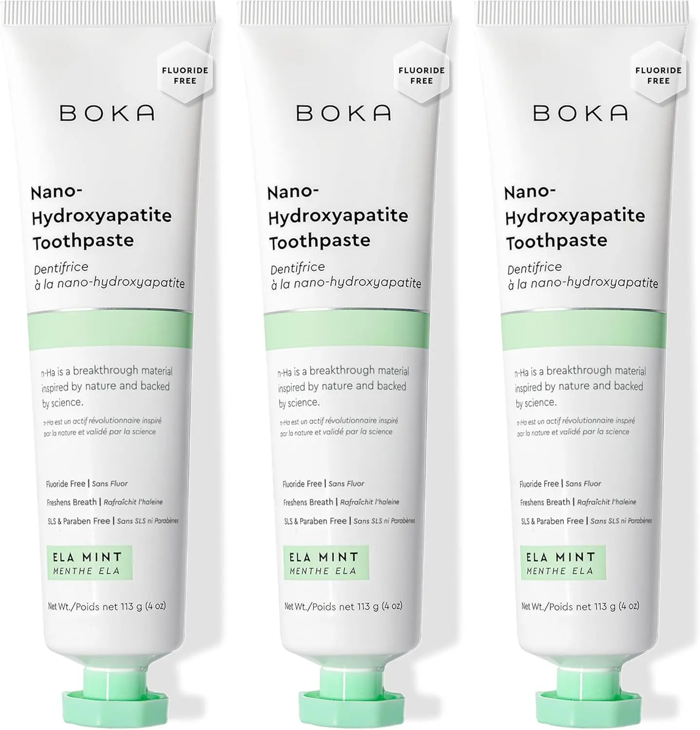 Boka Toothpaste - Fluoride Free Toothpaste, Nano Hydroxyapatite Toothpaste | Appropriate for Sensitive Teeth - Adult Oral Care - Ela Mint - 4 Oz, 3PK