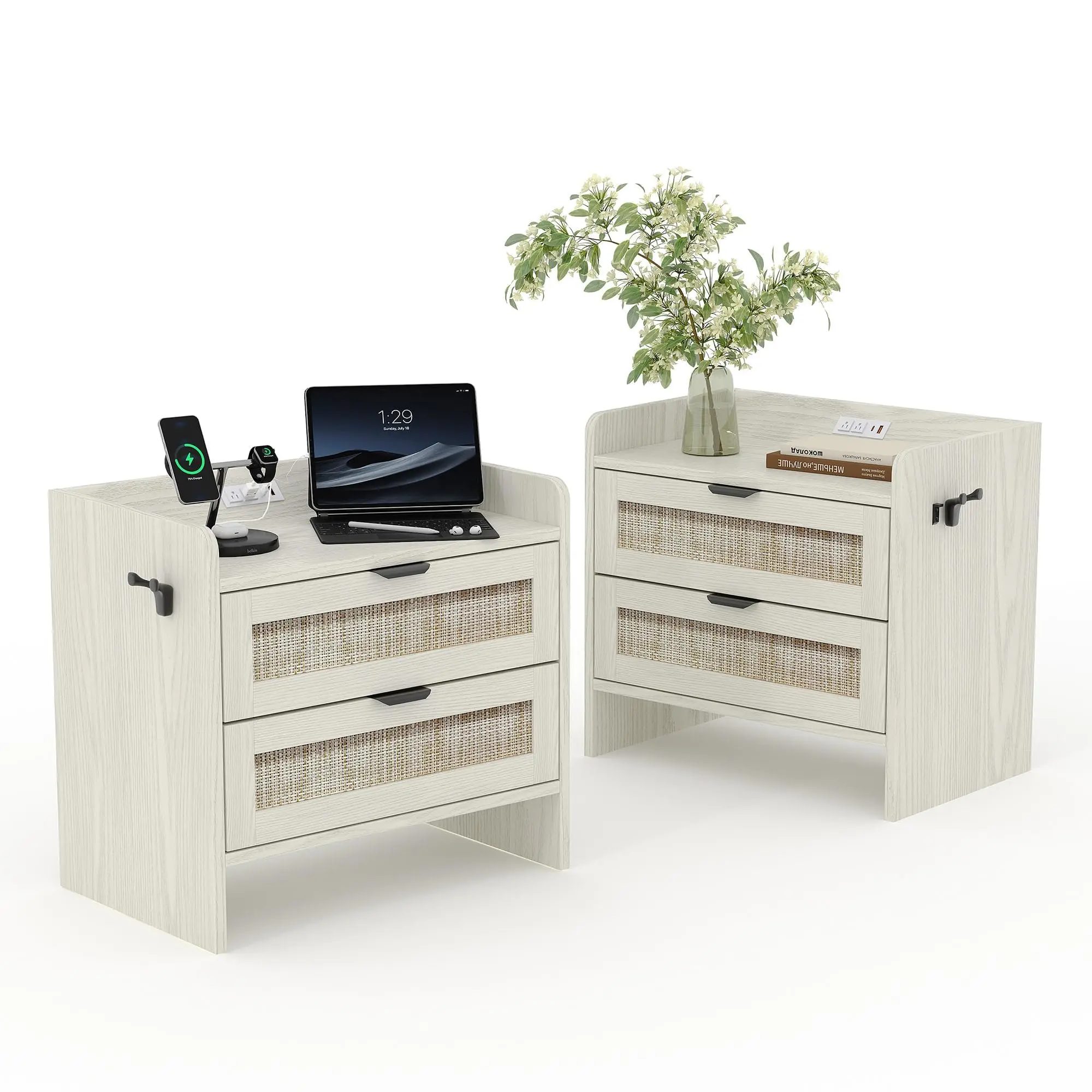 Garvee Nightstand Sets of 2, Milky White Rattan Boho Bedside Tables with Built-in Charging Ports (Type-C, 1 USB Port, Outlets), 2-Drawer End Tables for Bedroom, Office, Built-In Charging Ports Bedside Tables
