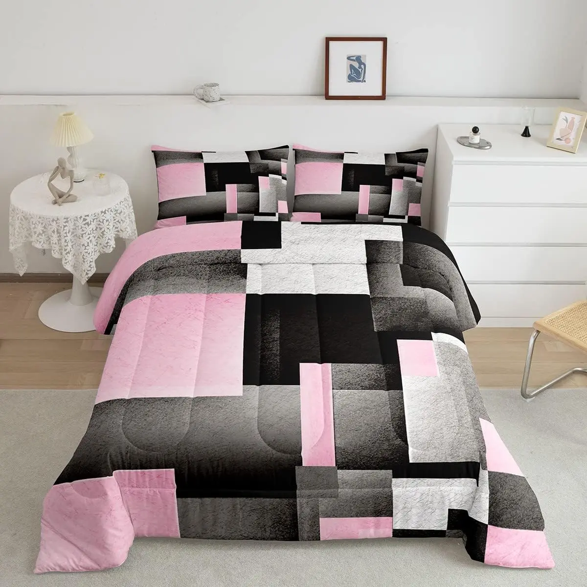 Feelyou Queen Size Geometric Quilt Sets - Pink-Grey-Black Buffalo Check Comforter, Modern Abstract Stripe Duvet, Digital Print, Machine Washable Bedding Set