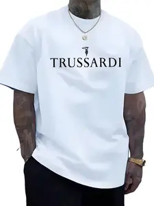 Trussardi Letter Logo Print Short Sleeve T-Shirt, Heavy Cotton Oversize Loose Fit, Unisex Summer Top, Casual Street Style