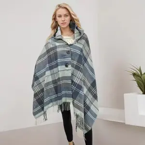 100% Acrylic Stylish Plaid Wrap Shawl with Button Closure, 71''L*29.5''W Plaid Poncho