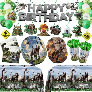 207 count Dinosaur Party Decorations Plates Napkins Dino World Birthday Supplies Tableware Set Include Plates, Napkins, Cups, Cutlery, Balloon, Banner,  Swirl, Tablecloth for Party Decor Serve 24